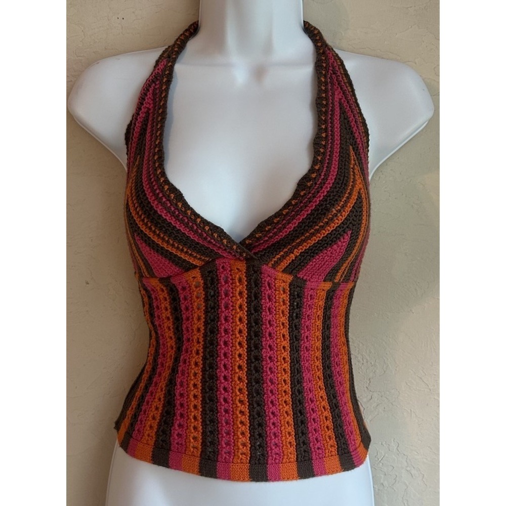 Y2K Kimchi Blue Striped Halter Crochet Tank Top XS Tie Neck Cropped Bohemian